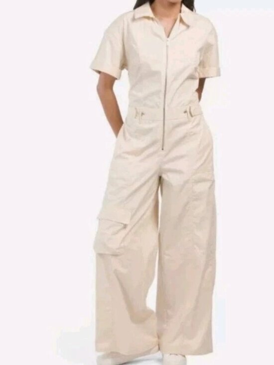 Zara Pants - Zara Cream Ivory Wide Leg Jumpsuit Rolled Short Sleeves Pockets Front Zip S